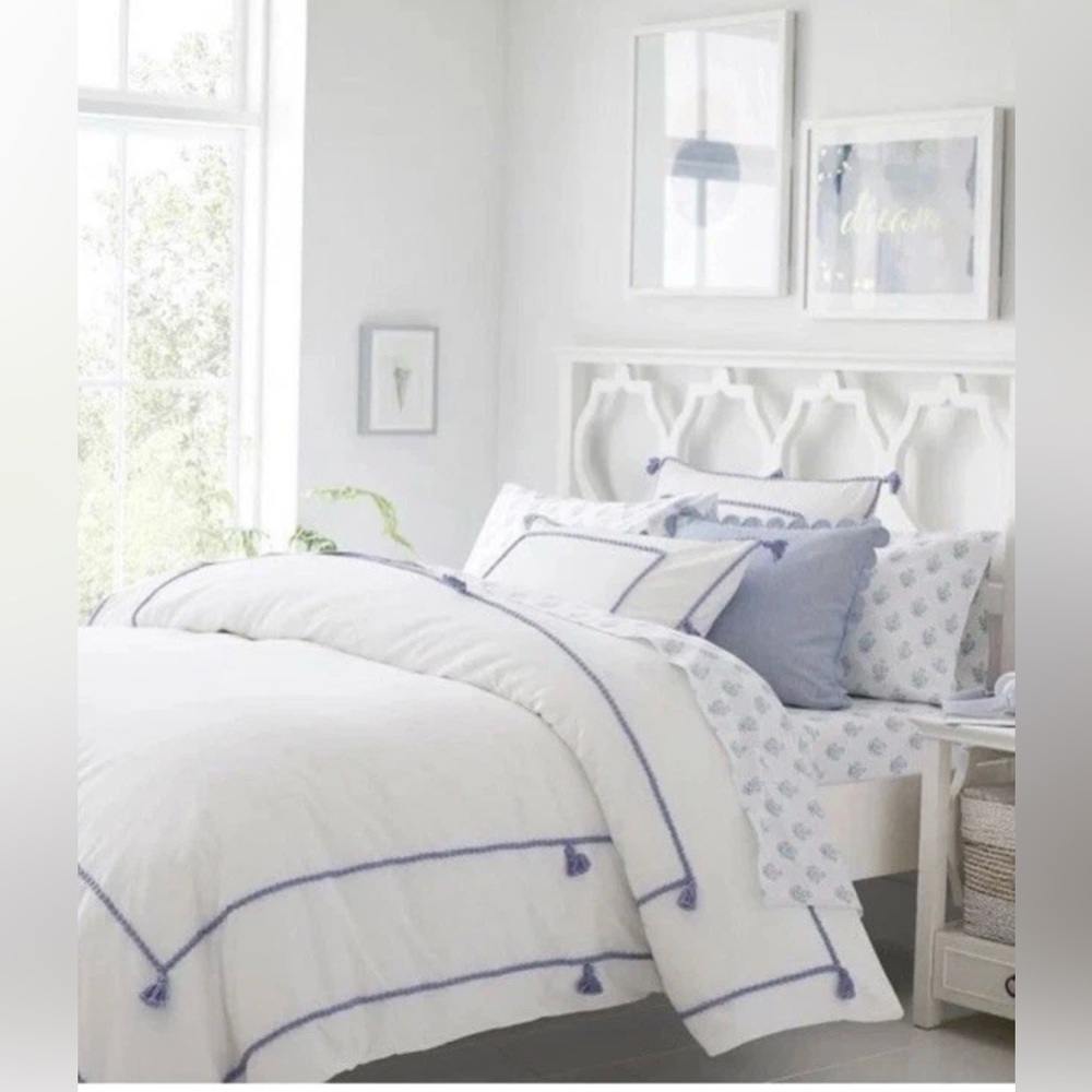 Pottery Barn Teen Kids Chambray Border Tassel Duvet Cover Twin White NWT $129